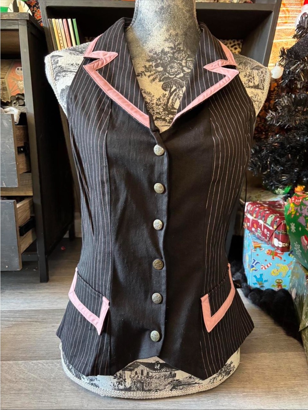 Tripp NYC Black Vest with Pink Pinstripe Trim